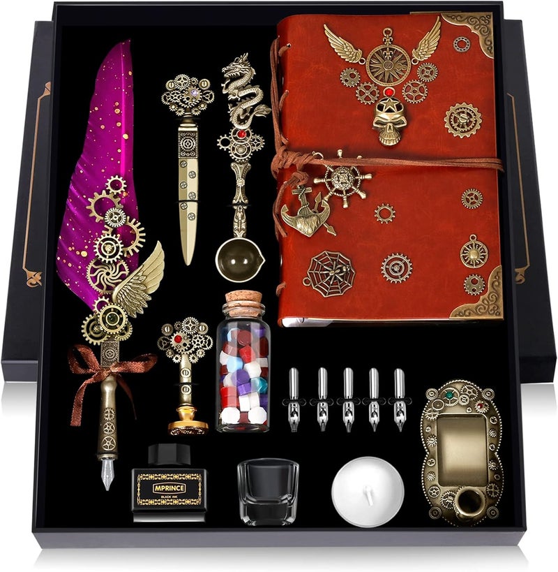 Aifeiter Quill Pen and Ink Set With Quill and 5 Replaceable Nibs,Seal Stamp,Spoon,Wax Beads,White Wax,Pen Holder, Cup,Envelope,Letter Paper,Envelope Tool(purple) - Image 1
